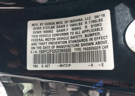 2016 Honda Civic Lx from USA, damaged, VIN 19XFC2F53GE065555